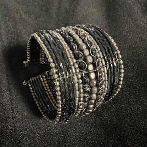 Black and Silver Beaded Cuff Bracelet